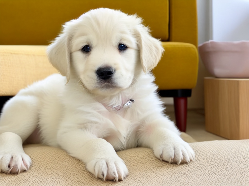 Golden Retriever sitting on a couch in an apartment.