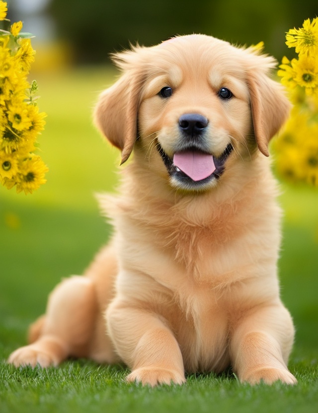 Golden Retriever and small dog sitting together outdoors.