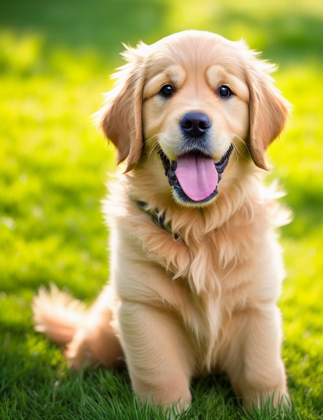 Golden Retriever puppy standing on grass.