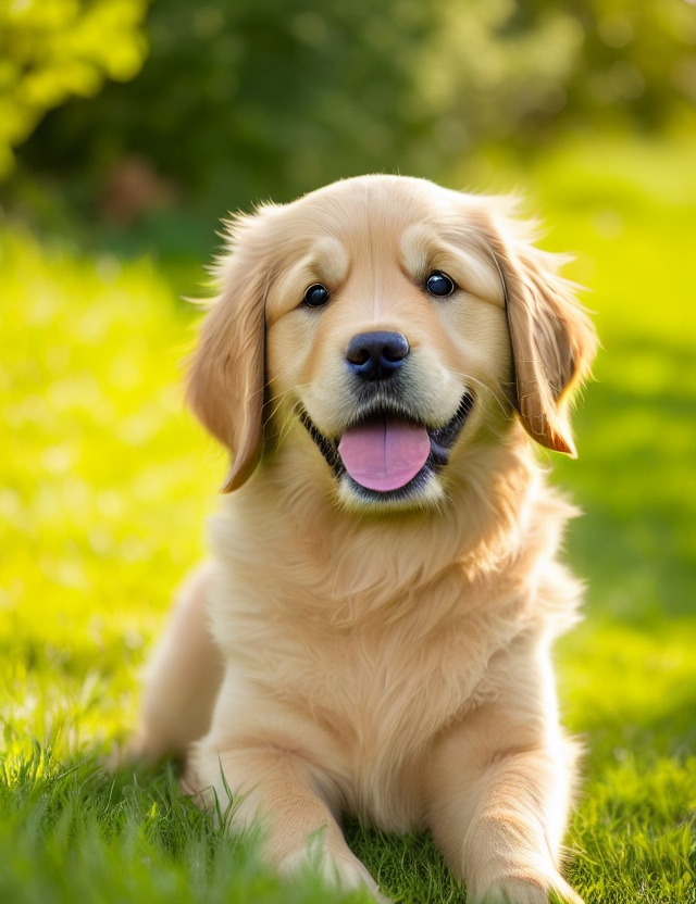 Golden retriever standing on grass with a small garden trowel and a crossed-out digging icon.