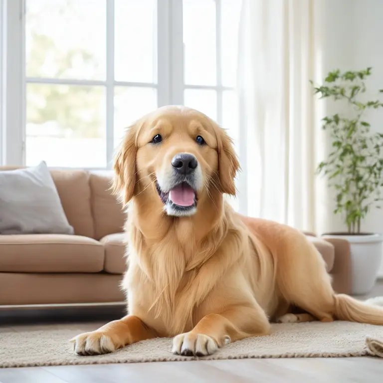 Golden Retriever sitting on a torn couch.