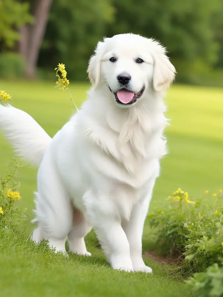 Golden retriever sitting on grass field.