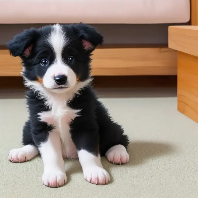 A Border Collie standing by a fence with a concerned expression.