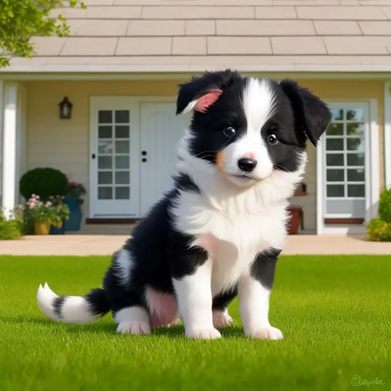 A Border Collie sitting on a lawn, looking up at the camera.