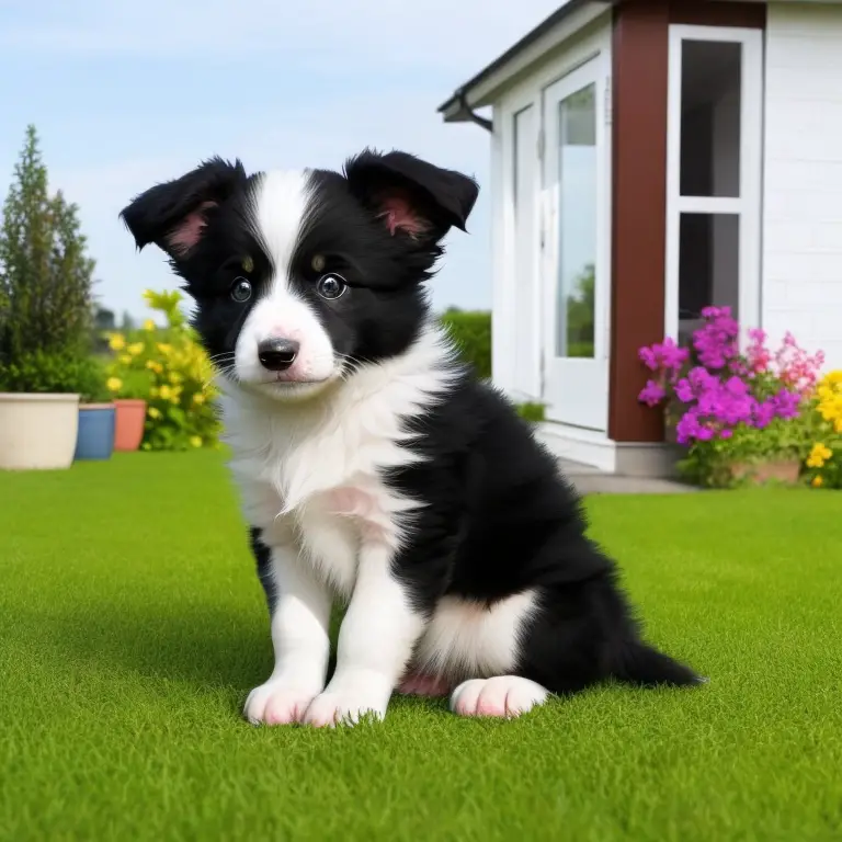 Border Collie sitting on grass, looking up at owner who is holding out a hand in a 
