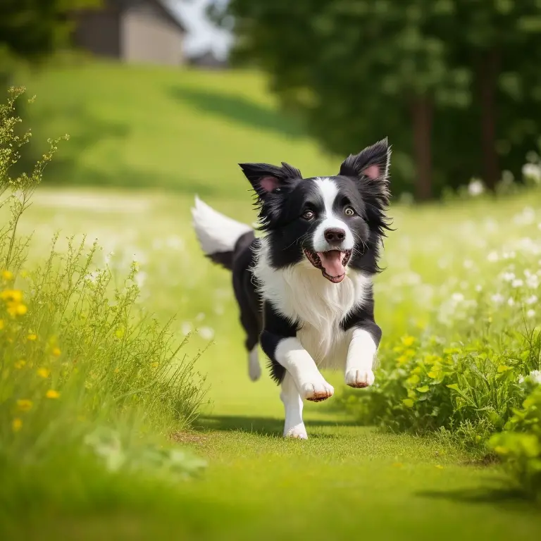 Border Collie sprinting at high speed in a grassy field.