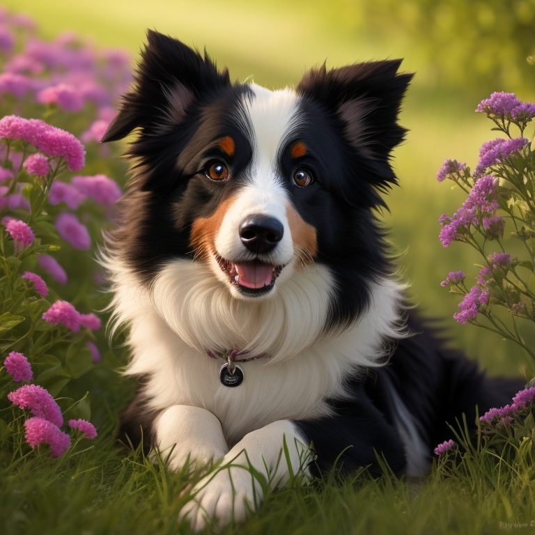 Border Collie dog looking at the camera with its owner standing in the background.