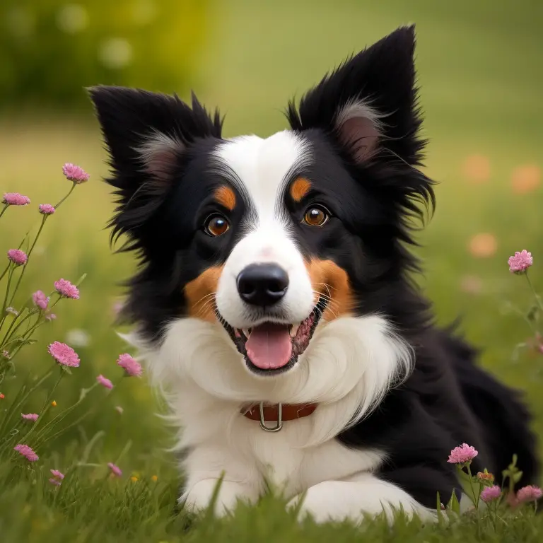 Border Collie dog sitting in an apartment with a question mark in the background