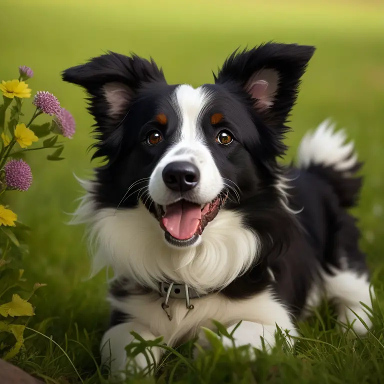 A Border Collie dog sitting on a field with green grass, looking up with bright attentive eyes.