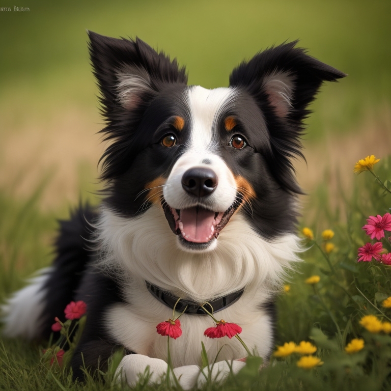 Border Collie running in a green meadow during a sunny day.