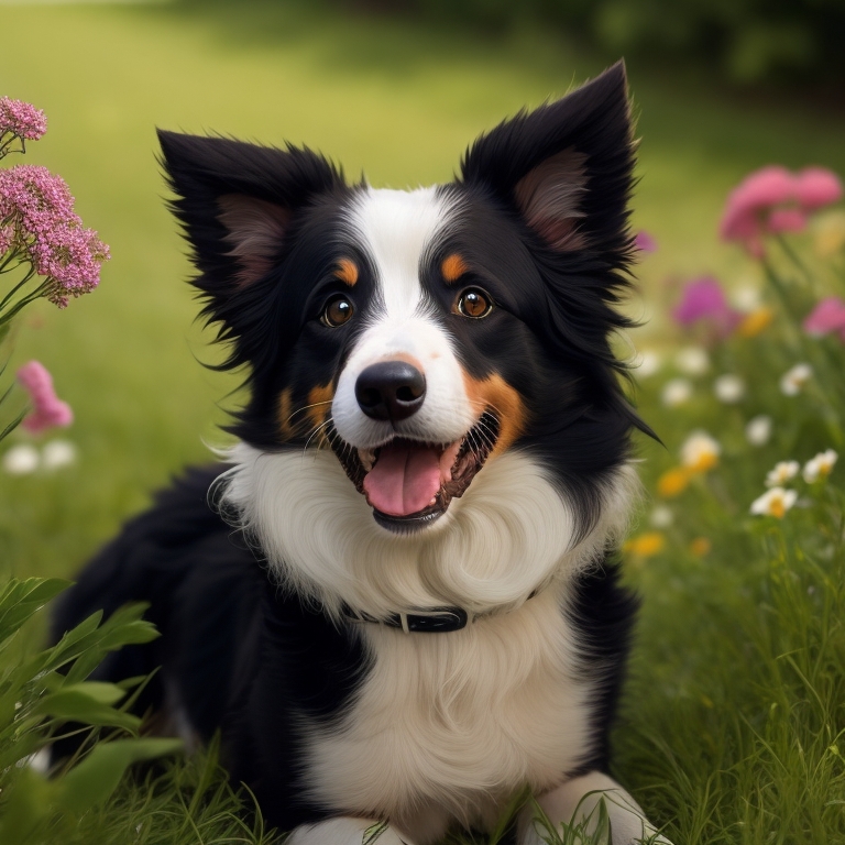 Adorable Border Collie puppy lying on a bed of grass
