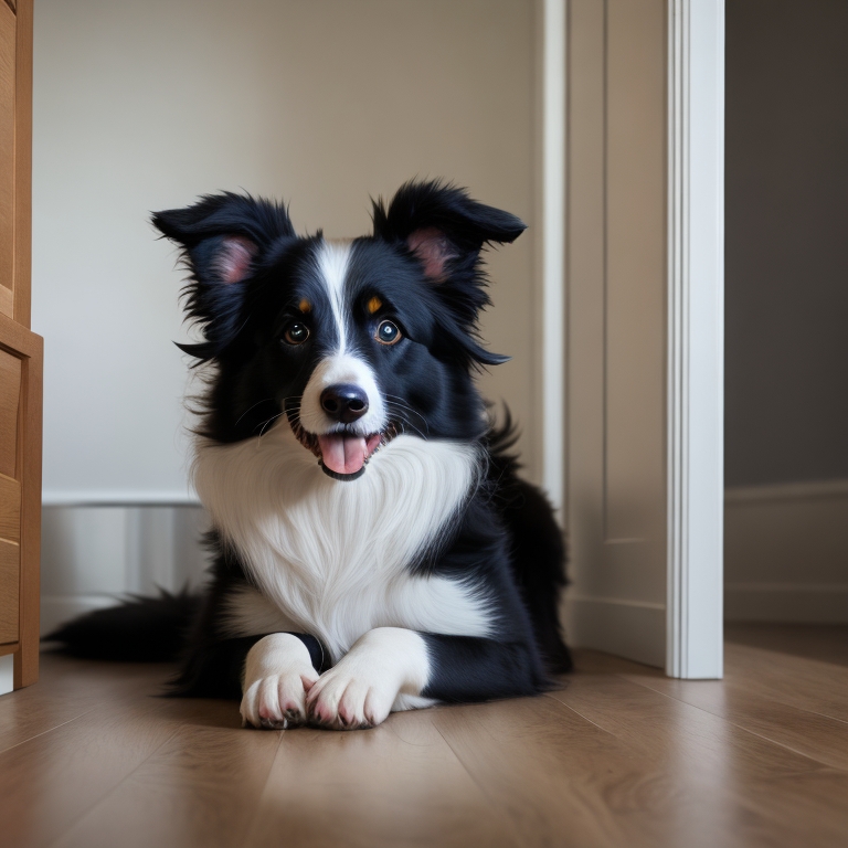 Border Collie lying on the floor looking up with concerned expression.