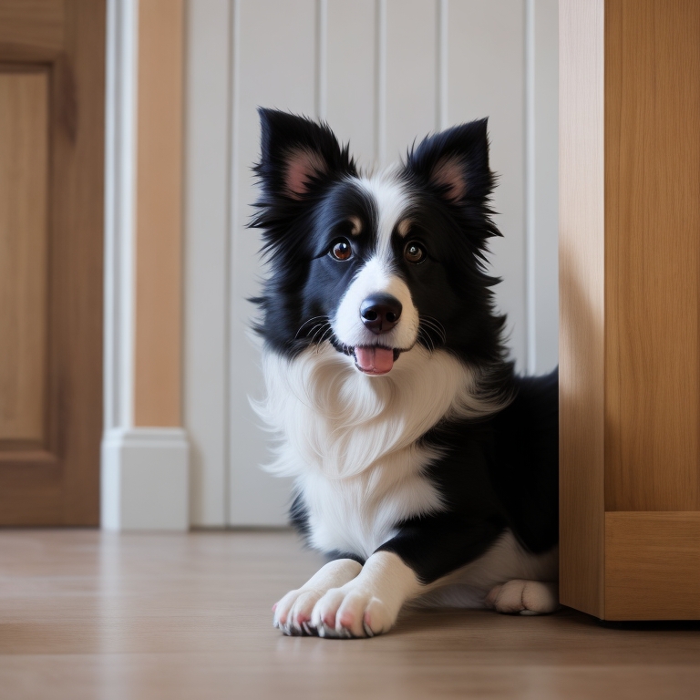 Border Collie sitting on kitchen floor looking up at a plate on the counter