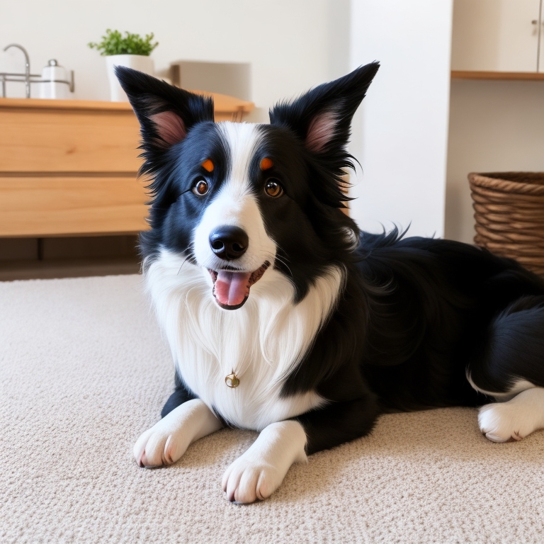 A Border Collie sitting on a rug, looking up with a toy in its mouth.