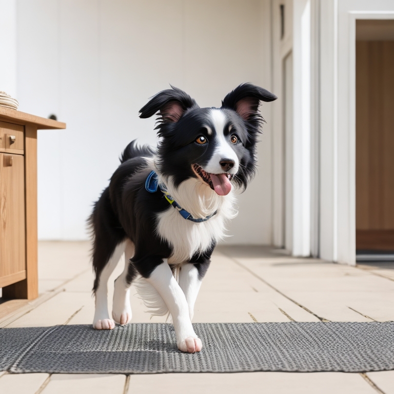 Border Collie performing obedience retrieve exercise with a dumbbell.