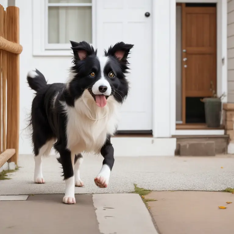 Border Collie dog sitting in an apartment with a question mark in the background