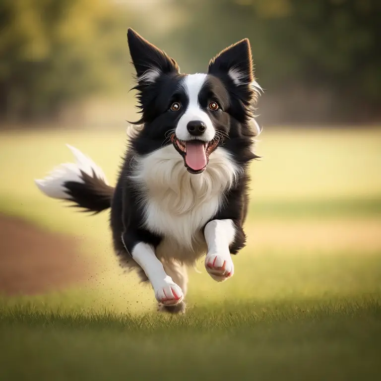 Border Collie dog sitting on a green lawn, looking up attentively with a toy in its mouth