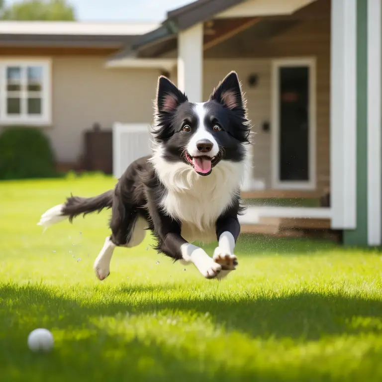 A Border Collie standing by a fence with a concerned expression.