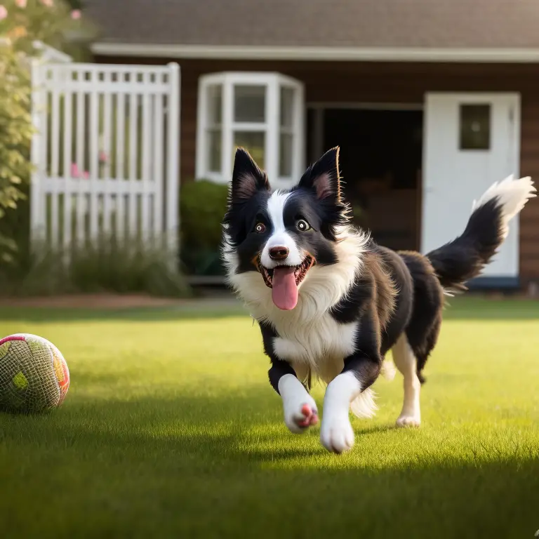 Border Collie sitting on green grass outside, with a thick coat of black and white fur, looking up with its tongue out.