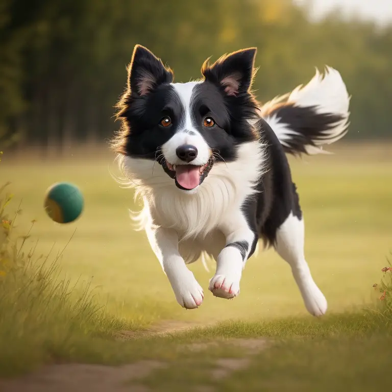 Border Collie standing on grass field looking towards the camera