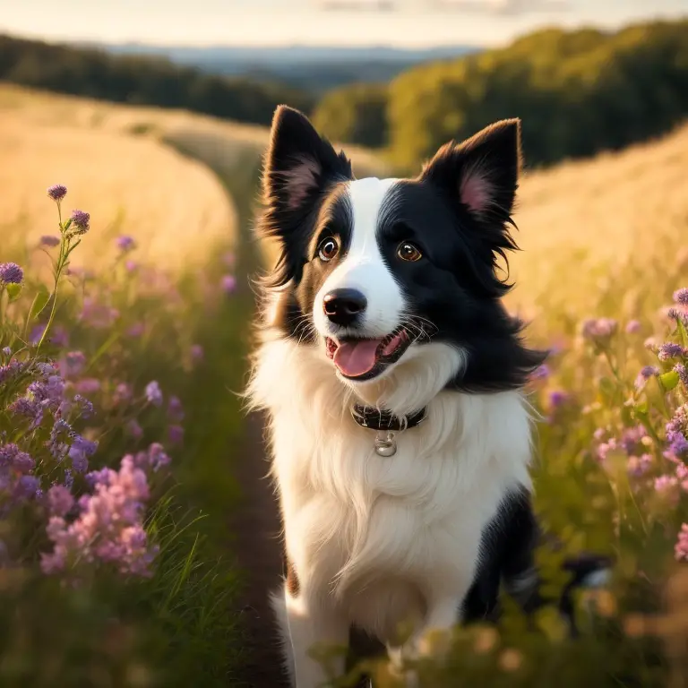 Border Collie dog sitting on a green lawn, looking up attentively with a toy in its mouth