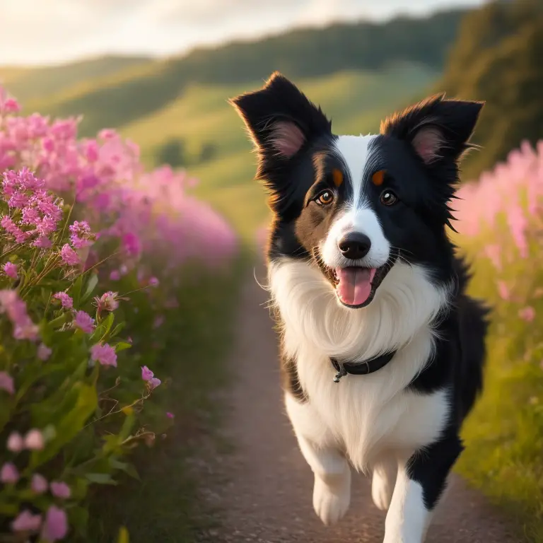 Border Collie running in a yard with a fence
