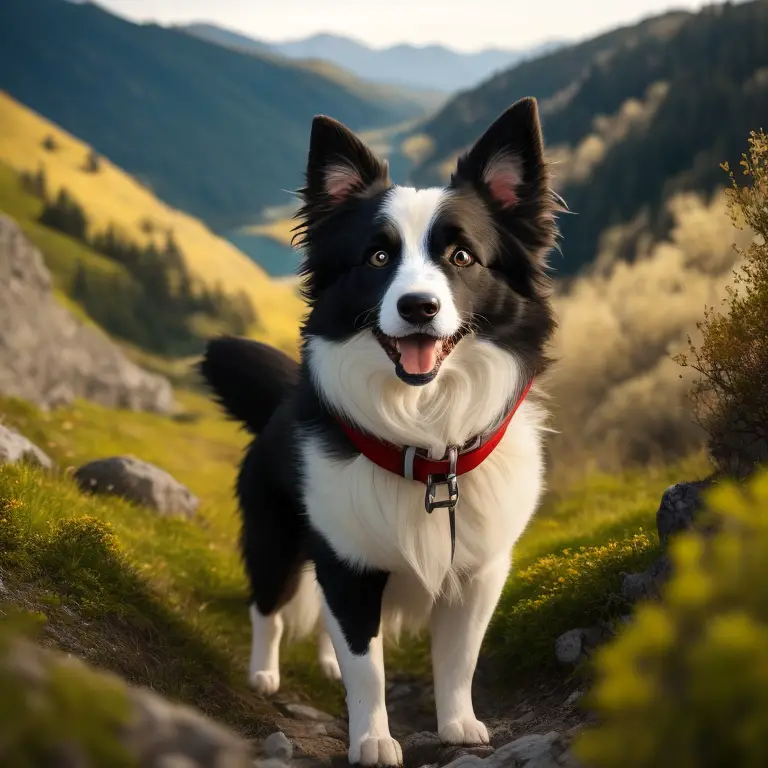 Border Collie standing near a fence with a rope in mouth.