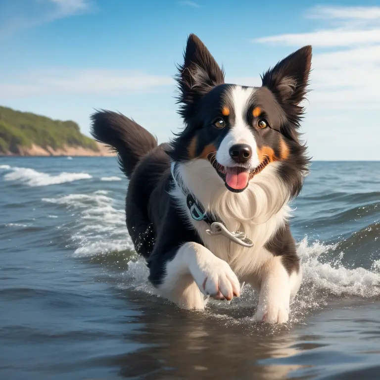 Border Collie standing near a fence with a rope in mouth.