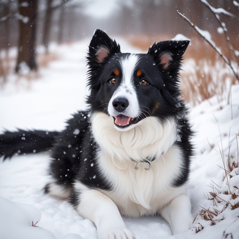 A Border Collie dog sitting on snow