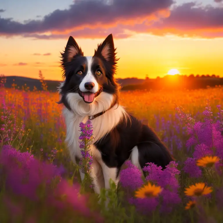 Border Collie dog staring upwards with mouth slightly open in grassy field.