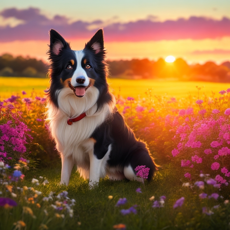 Border Collie running in a green meadow during a sunny day.