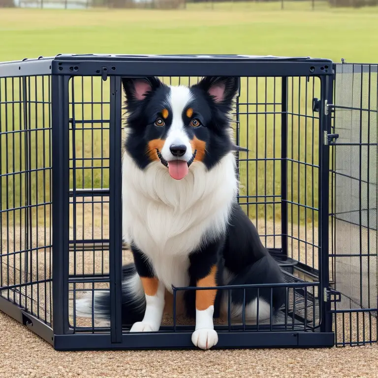 A Border Collie standing by a fence with a concerned expression.