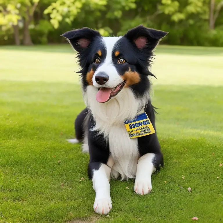 A Border Collie wearing a training collar and leash, sitting obediently in front of its owner in a grassy field.