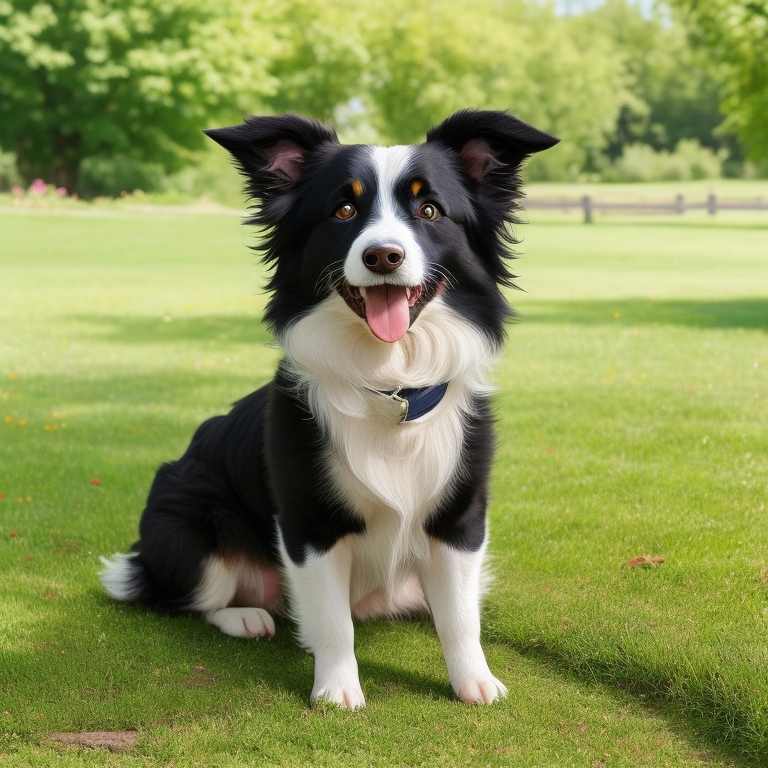 A Border Collie sitting and looking attentively at its owner, with trees and greenery in the background.