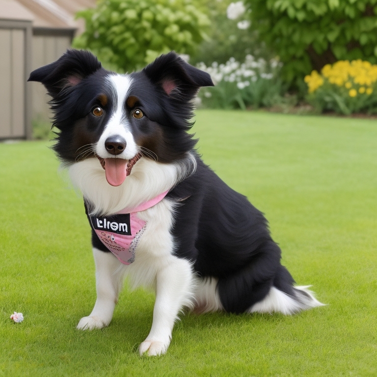 Border Collie sitting next to a frisbee with a ball in its mouth.