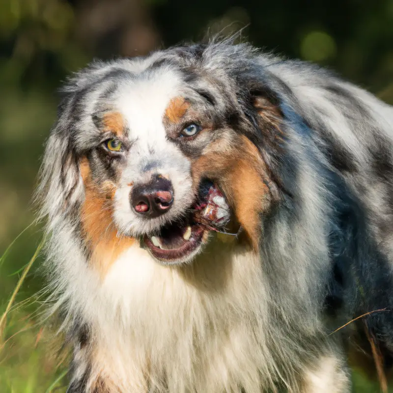 Active Australian Shepherd walking in city.