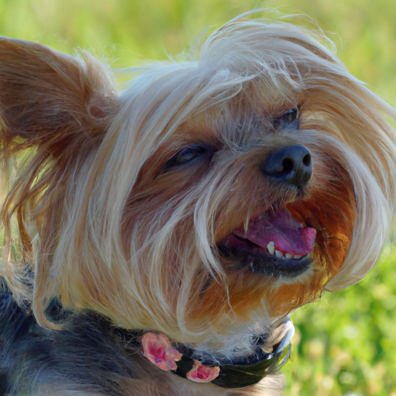 Active Yorkie playing outdoors.