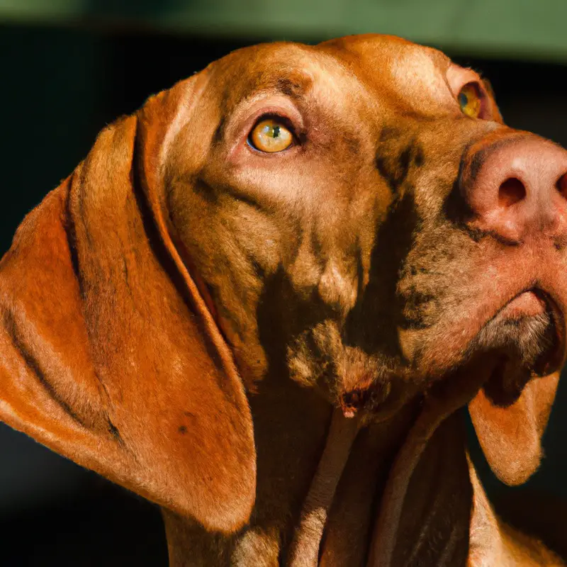 Anxious Vizsla dog resting.