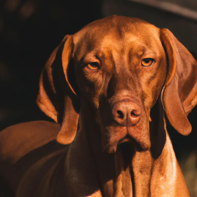 Anxious Vizsla in field.