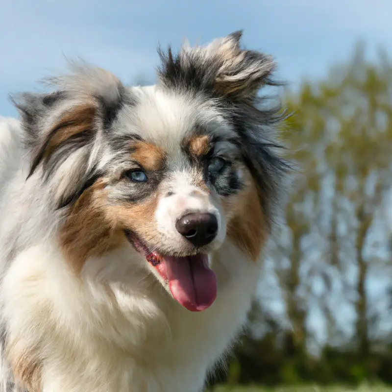 Australian Shepherd with long fur standing in the meadow.