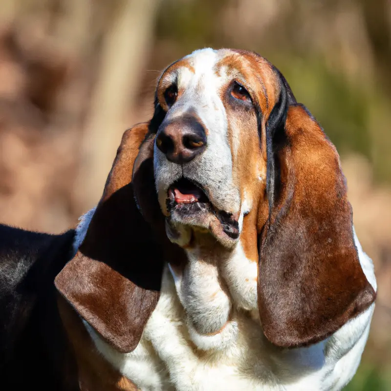 Basset Hound curiously observes other animals.