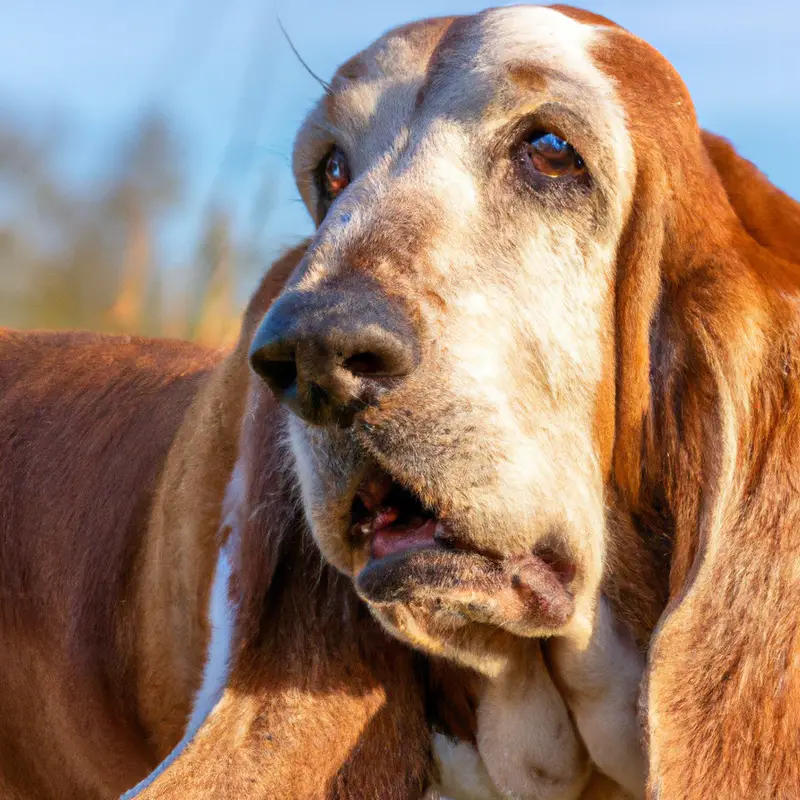 Basset Hound curiously sniffs farm animals.