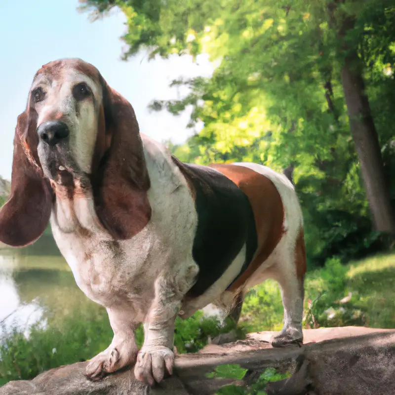 Basset Hound investigates frog.