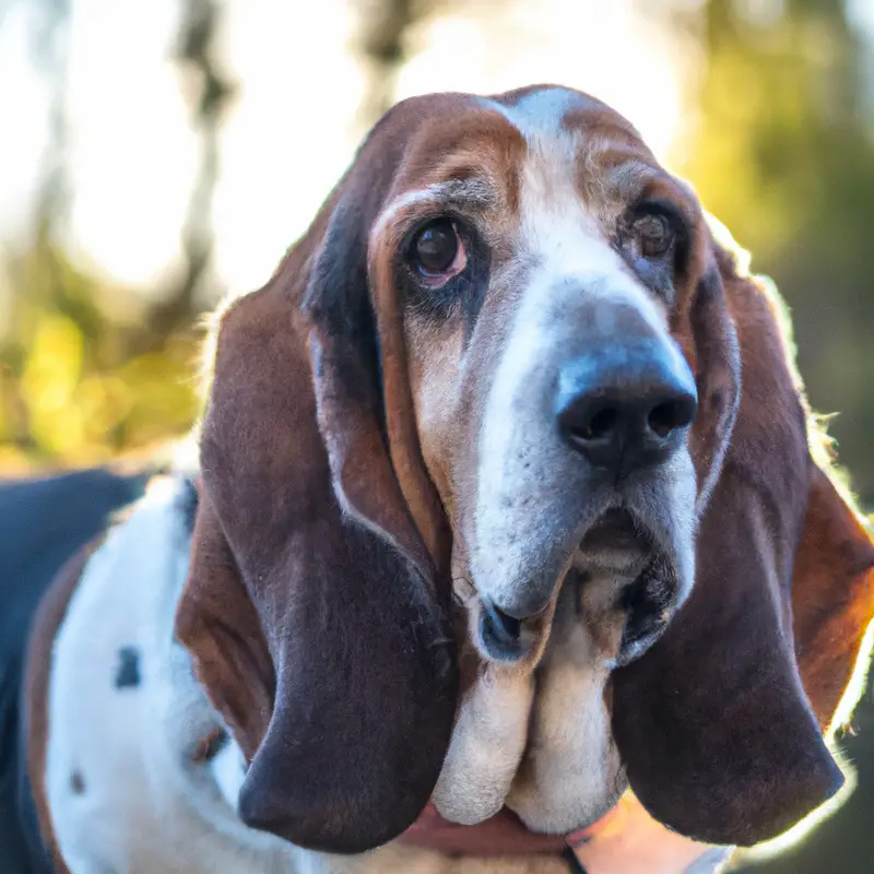 Basset Hound running in wilderness.