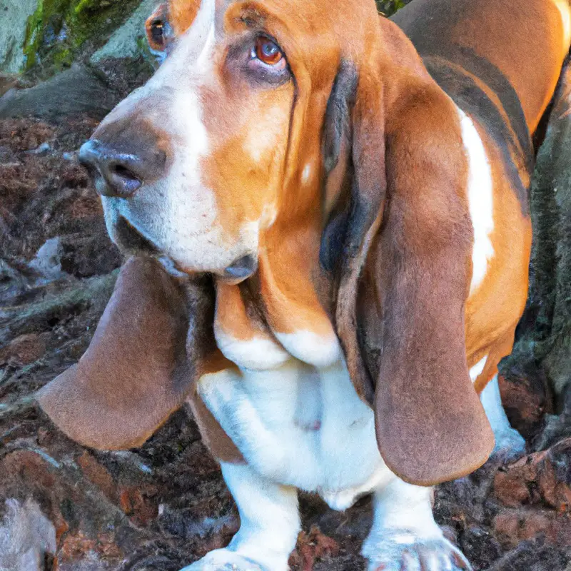 Basset Hound sitting alone.