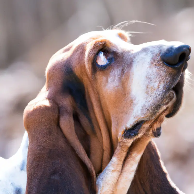 Basset Hound sitting beside a person, looking affectionate.