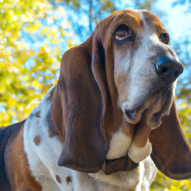 Basset Hound sitting beside a person on a park bench.