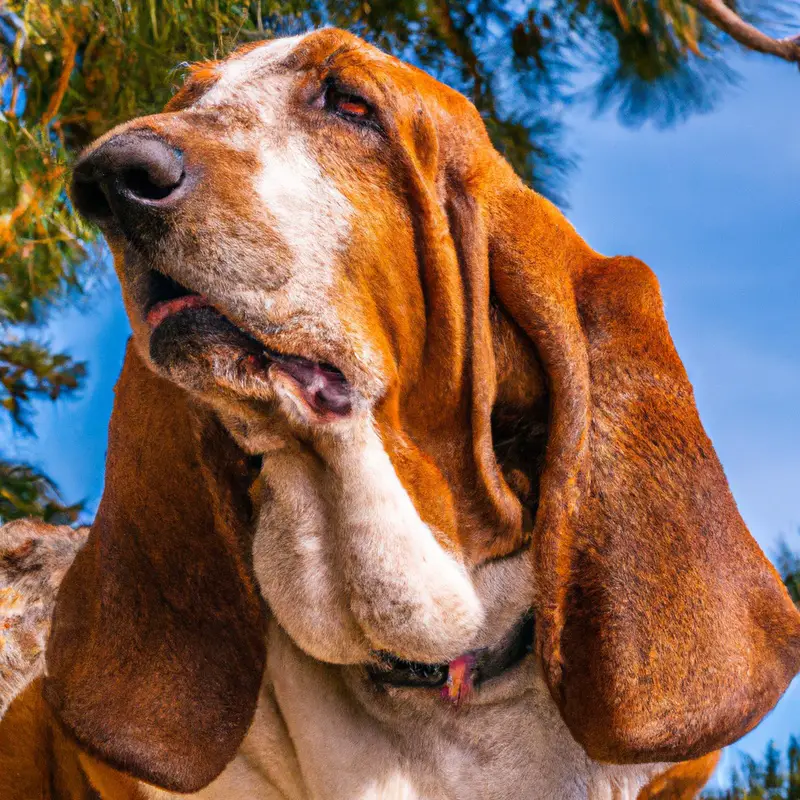 Basset Hound sitting beside a person, wagging its tail.