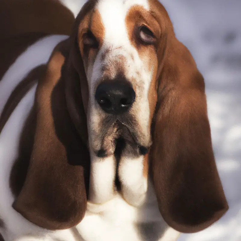 Basset Hound sitting in grass.