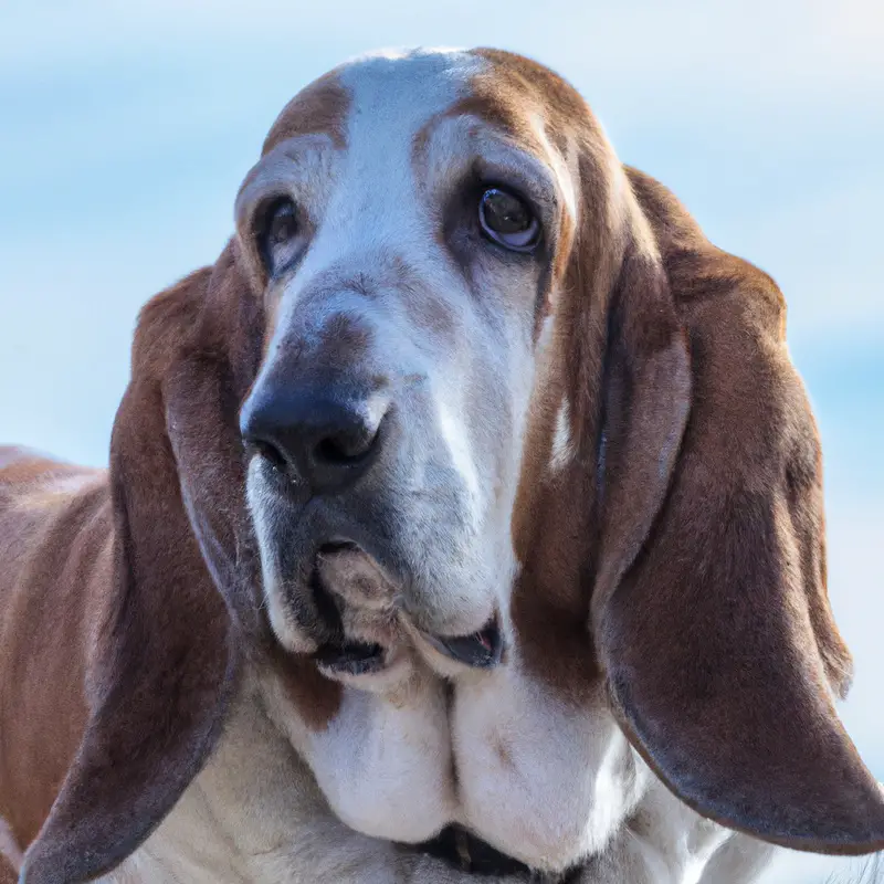 Basset Hound sitting on grass.